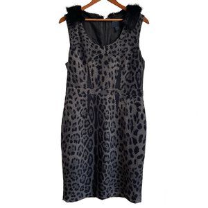 Class Roberto Cavalli Wool Blend Leopard Dress Detachable Fur Collar Size US14